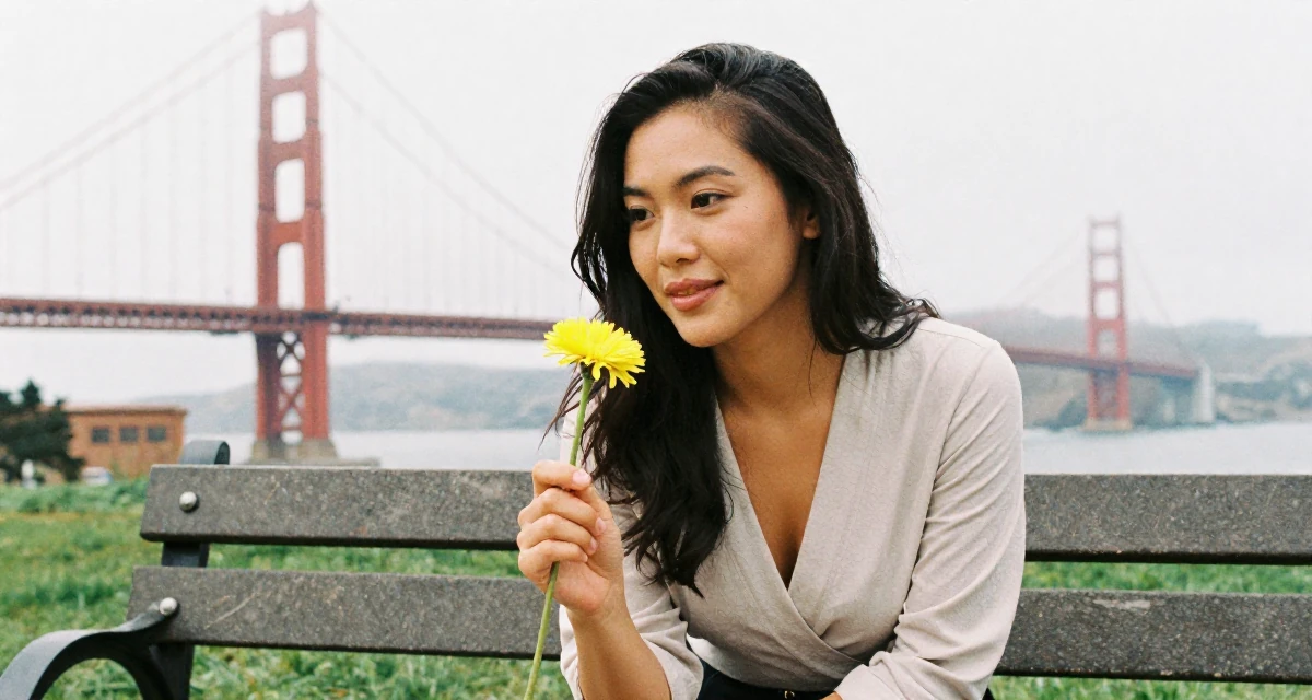 A gentle and kind Female Once a junior accountant, now embracing creative independence in their 25, becoming more intentional with time and focus, wearing a wrap blouse with a deep neckline, holding a single flower in a park bench.