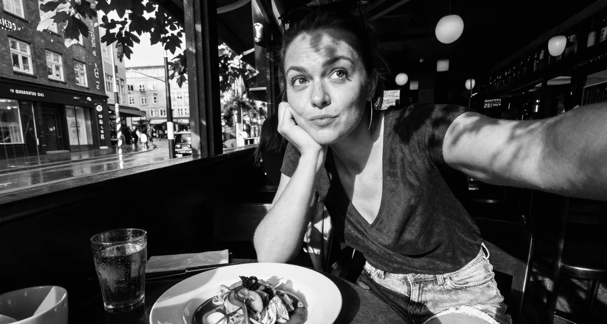 A energetic Female From Copenhagen Denmark, majored in architecture in their 31, learning to cook gourmet meals at home, wearing a deep v-neck t-shirt and distressed denim shorts, posing for a selfie in a dimly lit jazz bar.