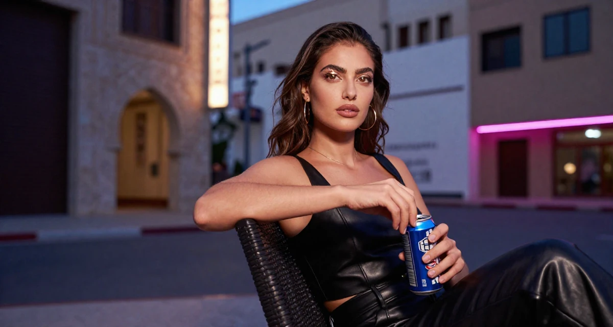 A aloof but intriguing Female From Morocco, based in Casablanca, graduated from a cultural college majoring in expressive movement studies in their 28, feeling a renewed sense of ambition, wearing a sleek leather pants styling, opening a soda can in a neon-lit street.