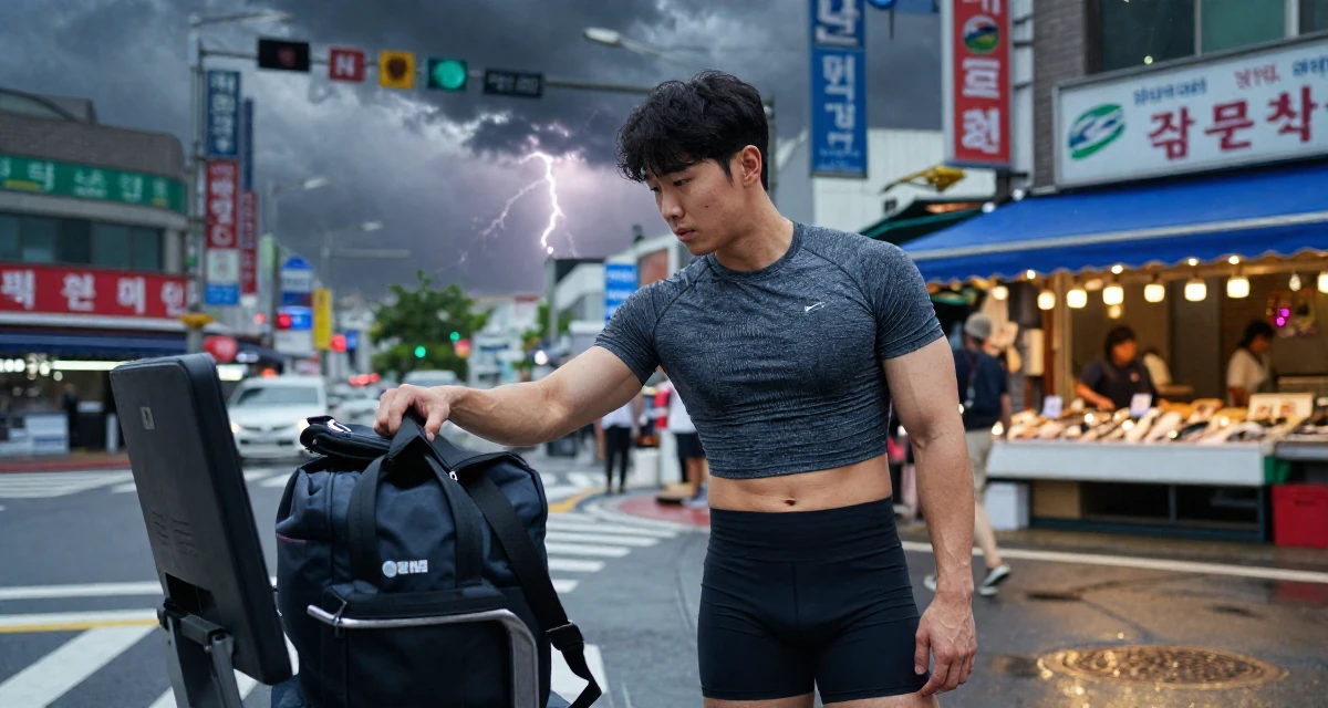 A unimpressed male From South Korea, studied interface design in their 40, turning a lifelong hobby into a profession, wearing a cropped gym top and high-cut running shorts, looking through a bag in a busy intersection.