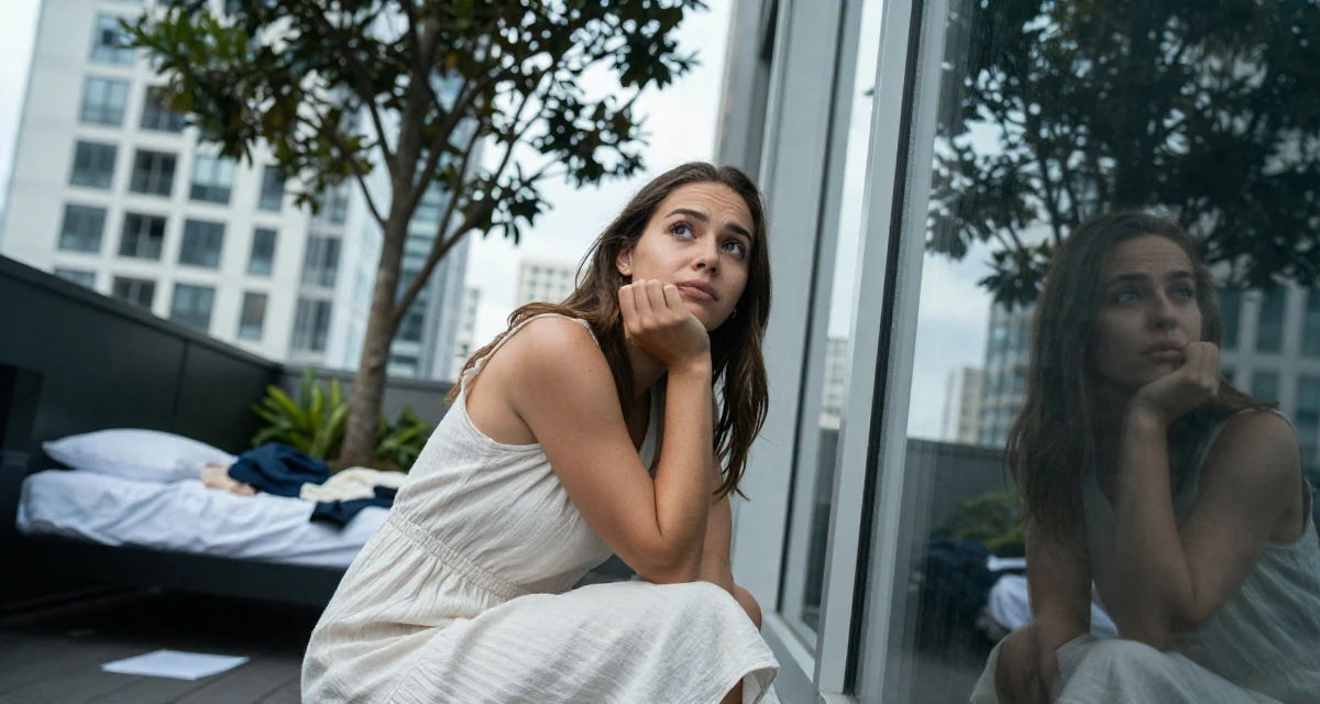 A energetic Female From Australia, studied sports science and nutrition in their 27, dealing with the emotional cost of visibility, wearing a airy cotton dress for summer, looking at a reflection in a window in a high-rise office building.