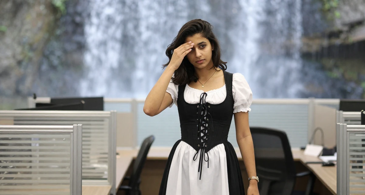 A timid male From UAE, studied business administration in their 24, exploring side hustles to supplement income, wearing a peasant girl corset dress with a white blouse, brushing hair away from the face in a office workspace.