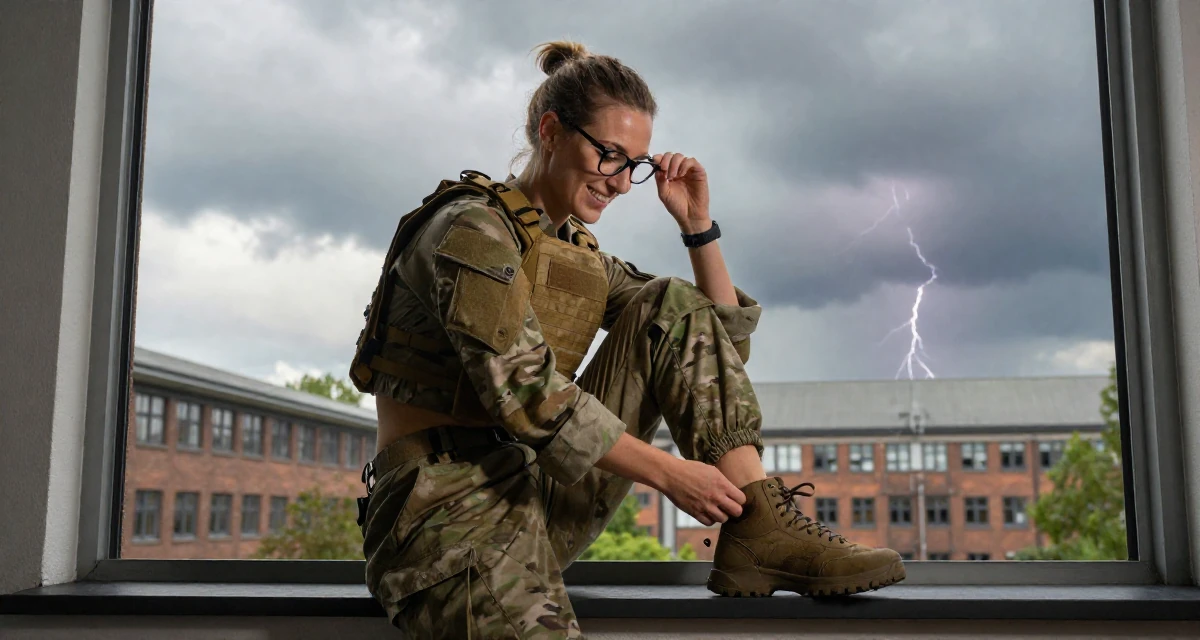 A bewitching Female From Germany, based in Hamburg, graduated from a design academy majoring in interaction design in their 27, forcing yourself to smile in content on bad days, wearing a tactical military gear with a cropped vest and cargo pants, pushing glasses up the nose in a university campus.