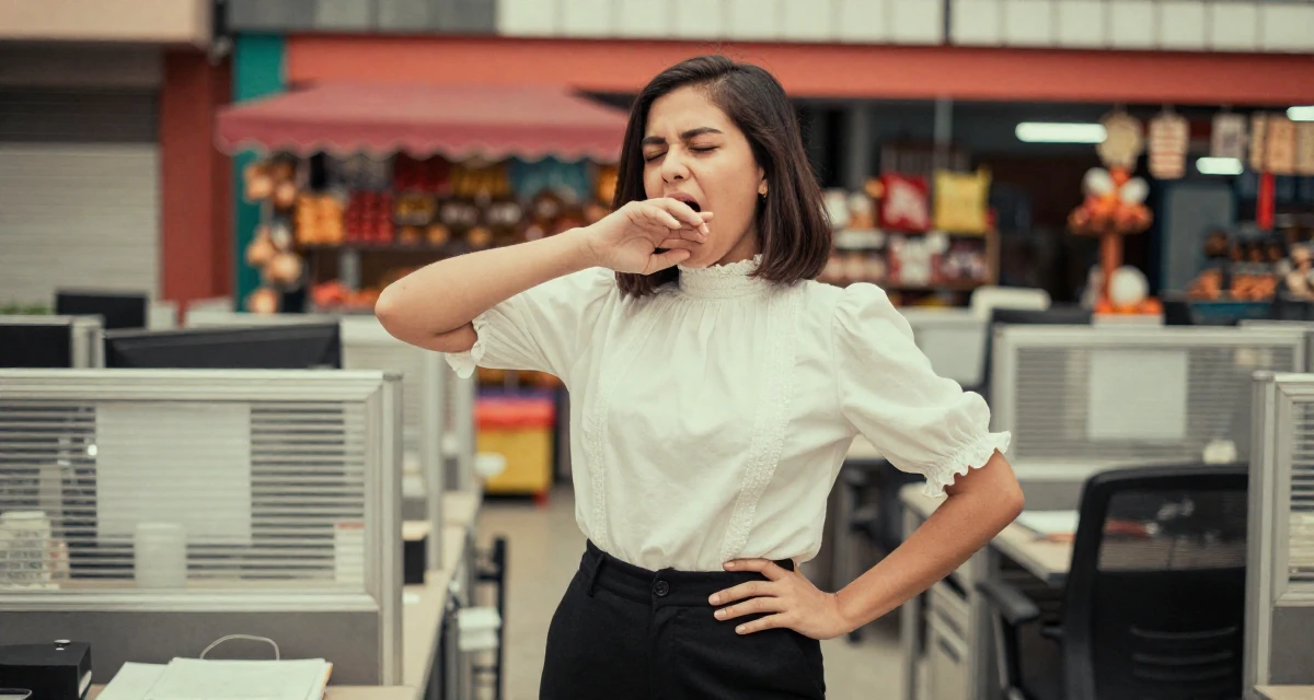 A pleased Female From the Philippines, based in Cebu City, graduated from a local college majoring in public relations in their 29, analyzing every detail of social interactions, wearing a high-neck victorian style blouse and black slacks, stifling a yawn in a office workspace.
