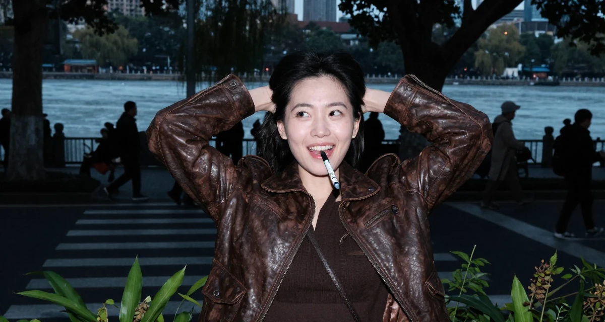 A enthusiastic Female From Guangzhou China, studied international business in their 43, navigating the dating world with experience, wearing a vintage-inspired leather jacket look, chewing on a pen thoughtlessly in a busy crosswalk.
