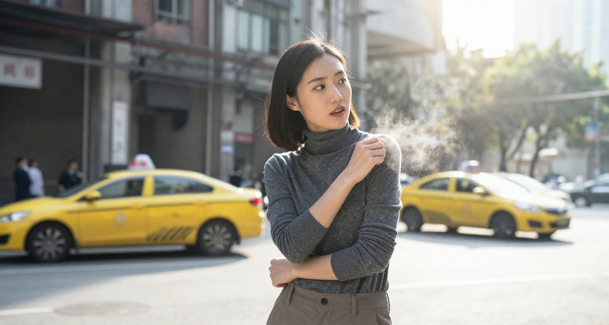 A spirited Female From Shenzhen China, graduated in computer science in their 22, dealing with inconsistent income month to month, wearing a sophisticated turtleneck and trousers, dusting off the shoulder in a industrial loft.