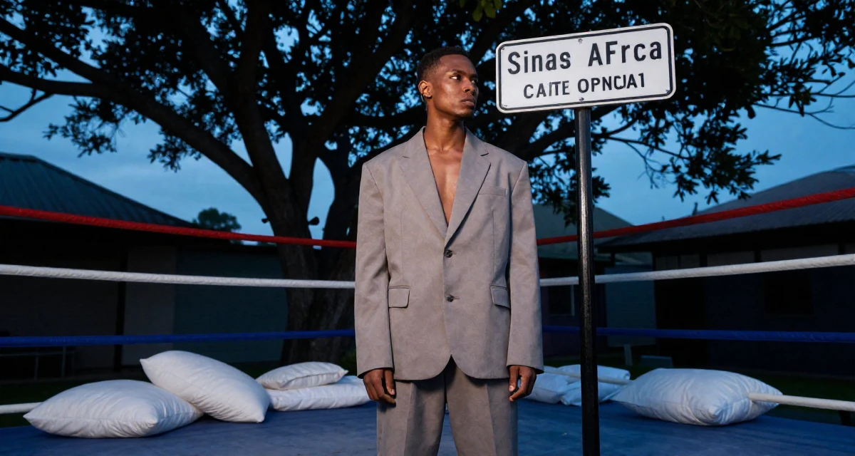 A judgemental male From South Africa, based in Cape Town, graduated from a fashion university majoring in body-positive styling in their 23, trying to collaborate with other creators for visibility, wearing a relaxed fit suit separate, looking at a street sign in a boxing ring.
