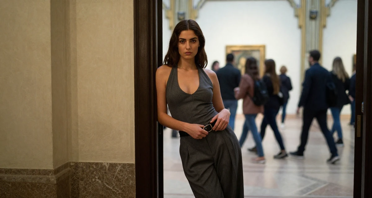 A stoic and strong Female From Lebanon, based in Beirut, graduated from a creative institute majoring in expressive photoshoot styling in their 22, creating slow-burn sensual concepts, wearing a halter neck top and wide-leg office trousers, fixing a belt buckle in a art gallery hall.