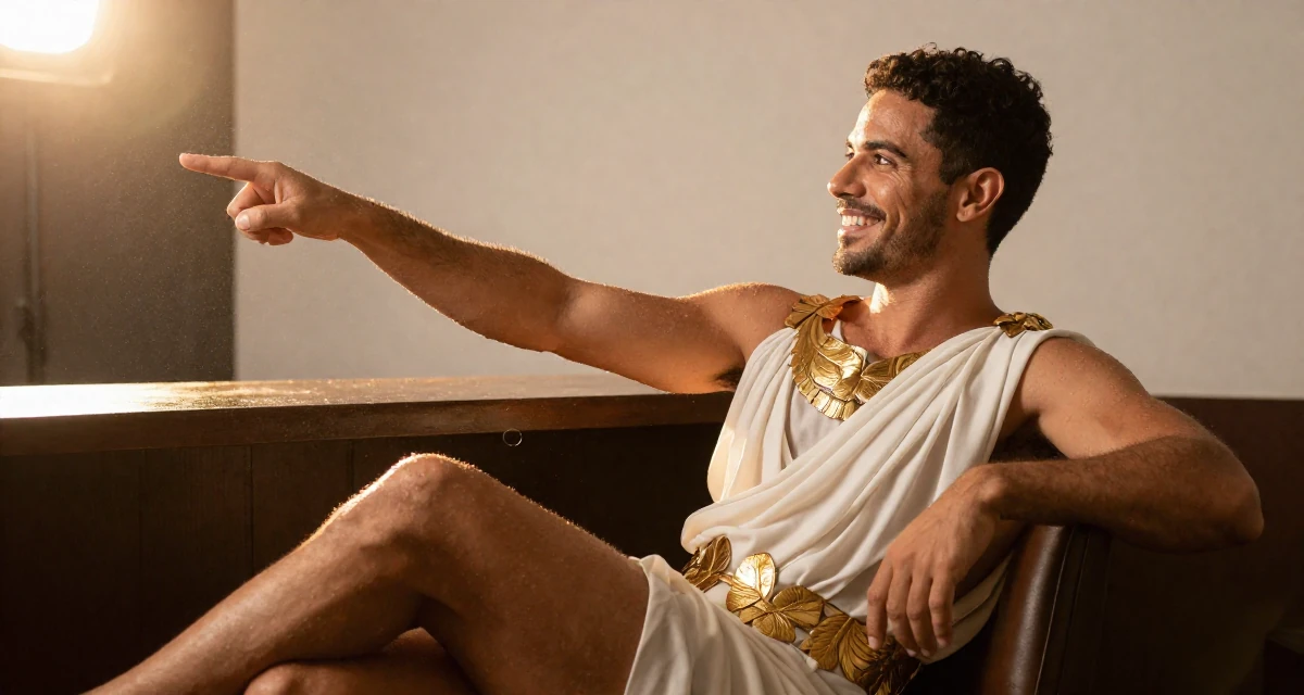 A relaxed and happy male From Brazil, trained in digital cinematography in their 44, advocate for financial literacy for women, wearing a greek goddess toga with gold leaf accessories, pointing at something nearby in a dimly lit jazz bar.