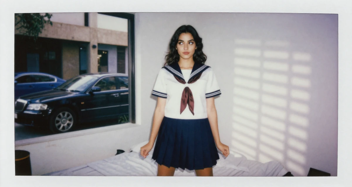 A flirty Female From Alexandria Egypt, practiced creative self-portraiture in their 21, feeling the pressure of impending graduation, wearing a Japanese school sailor uniform (seifuku) with a pleated skirt, glancing sideways in a minimalist bedroom.