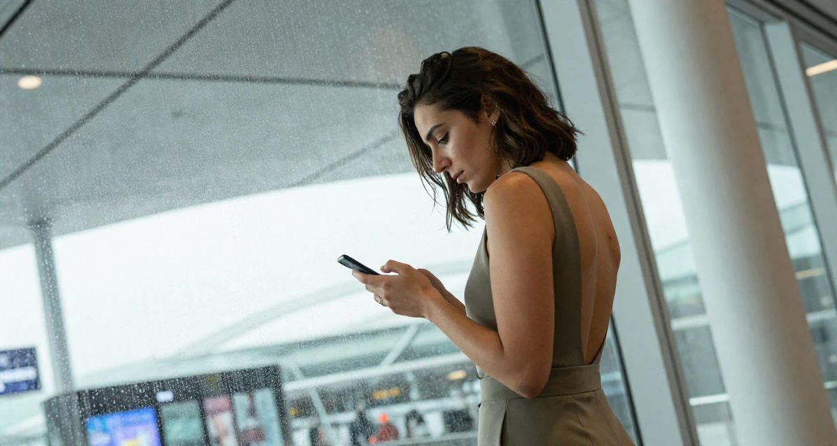 A relaxed Female From Israel, based in Tel Aviv, graduated from an arts program majoring in sensual character creation in their 29, refusing to settle for mediocrity, wearing a fitted jumpsuit with an open back design, checking a notification on a phone in a airport terminal.