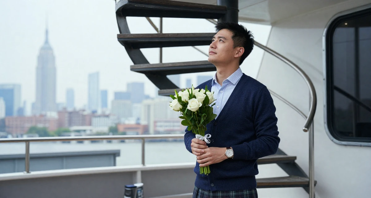 A serene and peaceful male From Chinese-speaking regions, studied mechanical design in their 41, tech executive pivot to digital content creation, wearing a classic librarian style cardigan and a plaid skirt, holding a bouquet in a yacht deck.