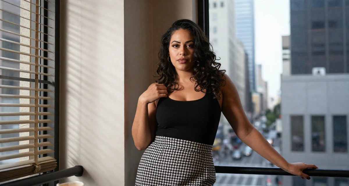 A subtly confident Female From Los Angeles USA, majored in performing arts in their 30, embracing a new level of self-assurance, wearing a houndstooth pattern skirt and black top, grabbing a railing for support in a coffee shop corner.
