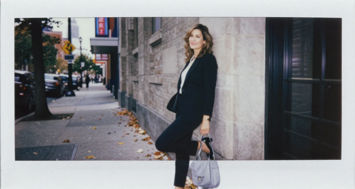 A softly smiling Female From USA, has a background in real estate in their 40, celebrating professional mastery and confidence, wearing a urban minimalist silhouette, looking through a bag in a neon-lit street.