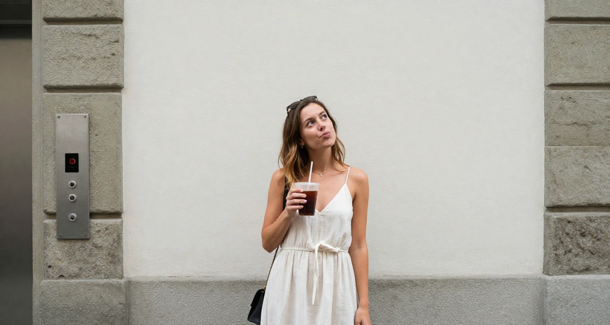 A playful and energetic Female From Switzerland, based in Zurich, graduated from a creative institute majoring in high-end glam production in their 24, exploring side hustles to supplement income, wearing a airy cotton dress for summer, holding a cold drink in a urban street.