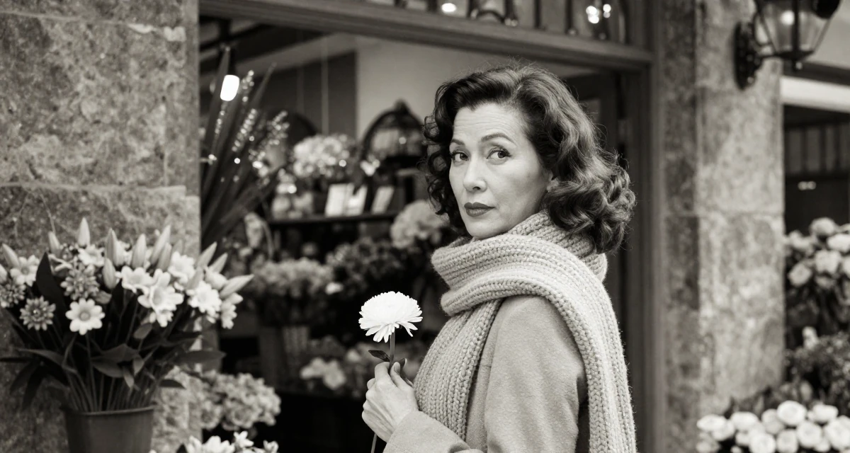 A introspective Female From Singapore, based in Jurong, graduated from a polytechnic majoring in aesthetic marketing in their 51, switching careers later in life, wearing a heavy knit scarf and coat, holding a flower in a flower shop entrance.