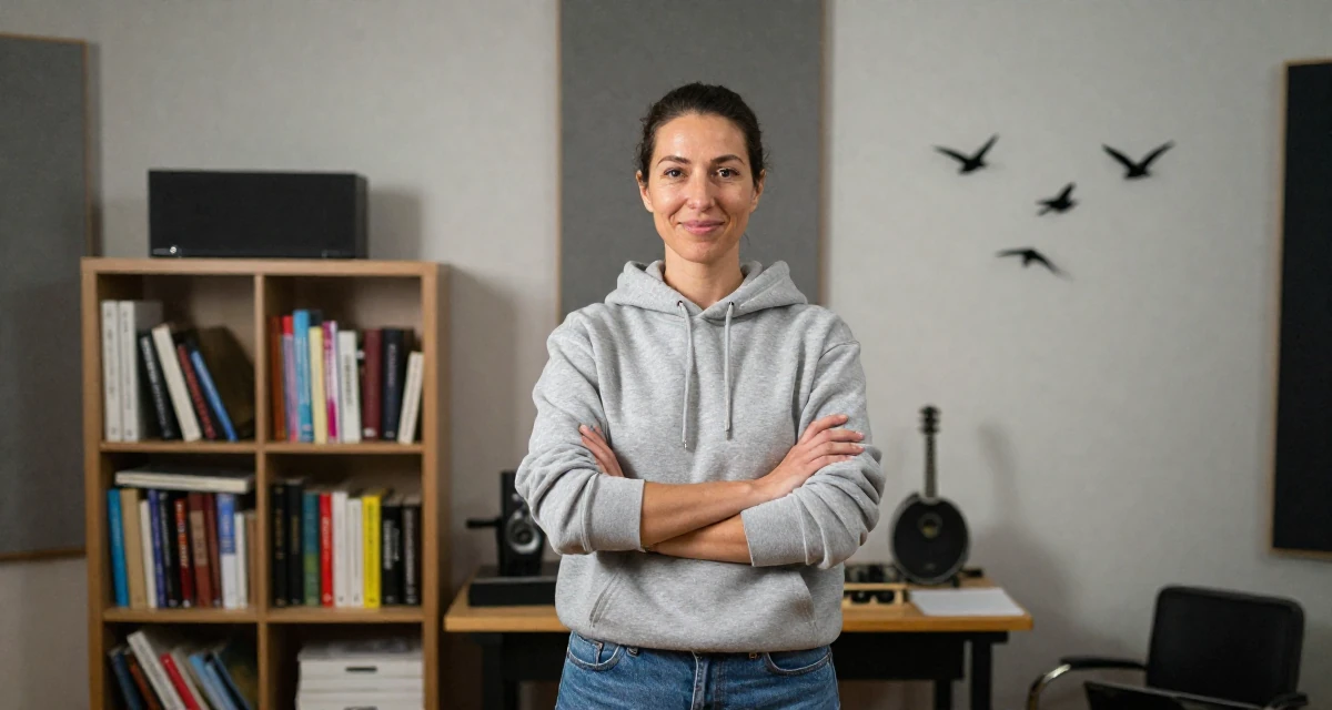 A amused Female Former firefighter trainee, now producing strength-based content in their 49, preparing for a spiritual pilgrimage, wearing a classic grey hoodie and jeans, crossing arms confidently in a music recording studio.