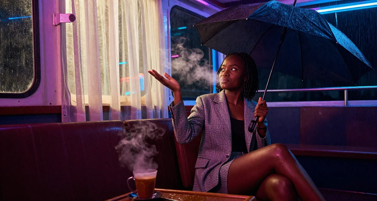 A teasing Female From Nigeria, studied biomedical science in their 39, creating a cozy and safe sanctuary at home, wearing a structured blazer with shorts, shaking rain off an umbrella in a ferry deck.