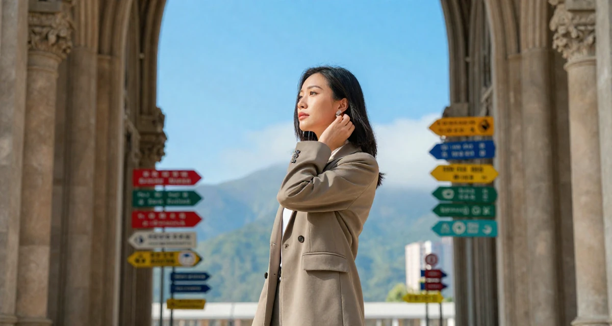 A tranquil Female From Hong Kong, based in Kowloon, graduated from a community college majoring in film studies in their 32, exploring sustainable fashion and ethical living, wearing a smart casual blazer ensemble, putting on earrings in a gothic cathedral interior.