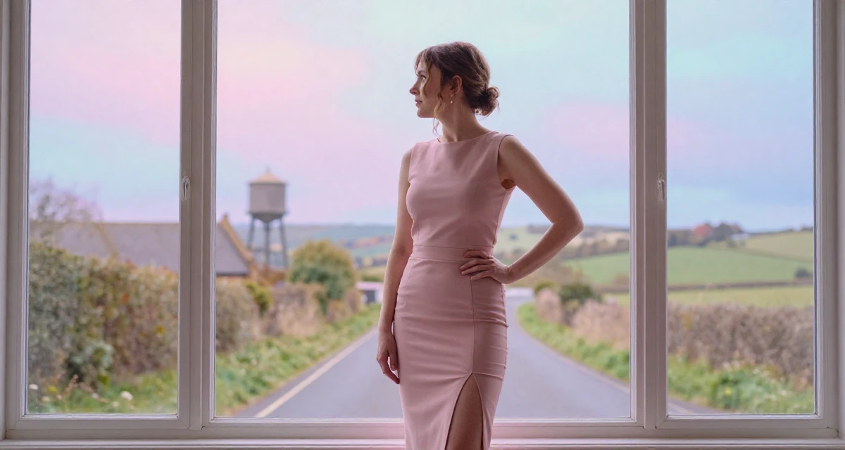 A ethereal Female From UK, has a background in english literature and theatre in their 40, sharing the joy of adoption and family, wearing a long pencil skirt with a high side slit, looking out the window in a country road.