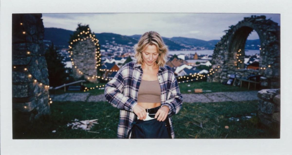 A warm Female From Norway, based in Bergen, graduated from a regional college majoring in creative communication in their 43, sophisticated travel vlogger for mature women, wearing a oversized flannel shirt unbuttoned over a crop top, reaching into a bag in a ancient stone ruins.