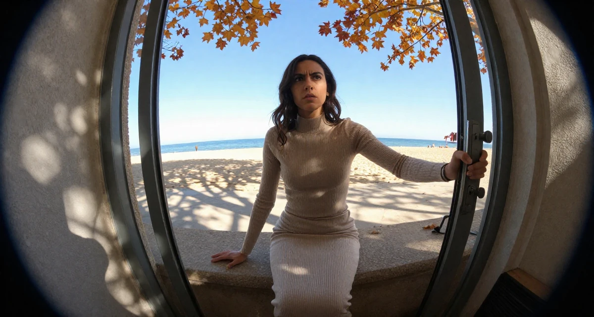 A intimidating Female From Barcelona Spain, trained in creative directing for personal content in their 38, sharing tips for effective remote work, wearing a tight knit midi dress with long sleeves, opening a door in a beach promenade.
