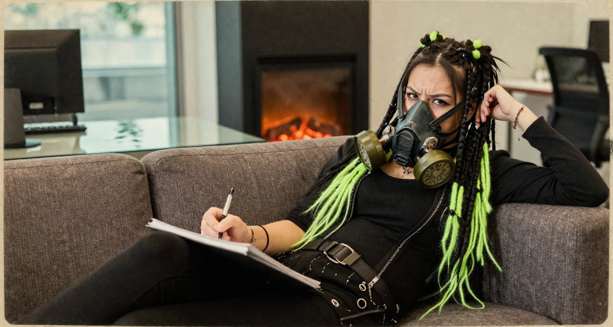 A sarcastic Female From Singapore, has a degree in business management in their 31, sharing the reality of post-partum recovery, wearing a cyber-goth outfit with gas mask and neon dreads, holding a pen poised to write in a office break room.