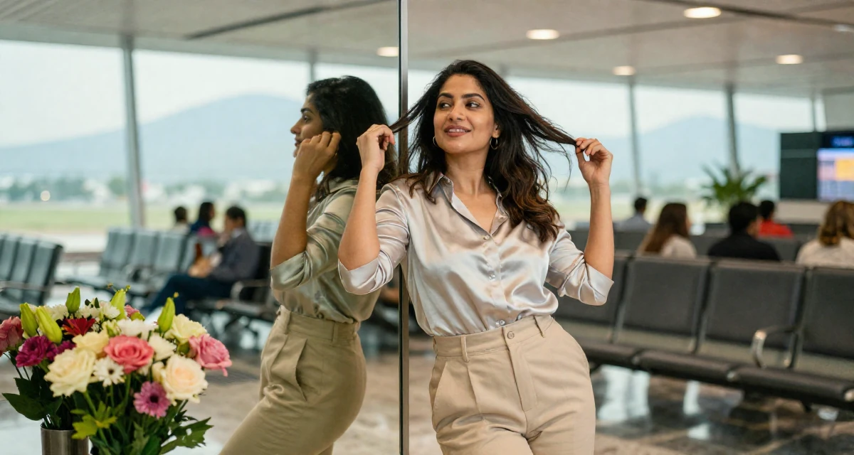 A upbeat Female Raised in Bangladesh, studied consumer insights in their 21, constantly documenting life for an audience, wearing a high-waisted beige trousers and a tucked-in satin blouse, twirling a lock of hair in a airport departure lounge.