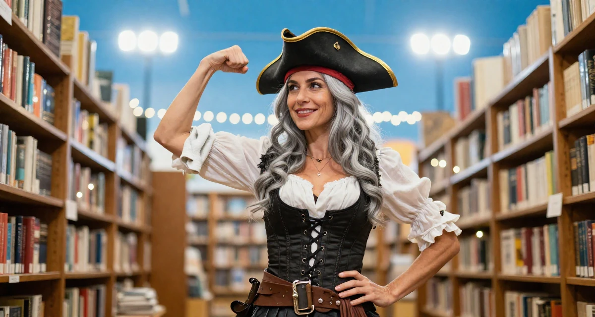A pleased Female Previously a chemistry student, now shooting artistic self-portrait content in their 48, embracing grey hair with style and grace, wearing a pirate captain outfit with a corset and tricorn hat, holding a gym towel in a bookstore aisle.