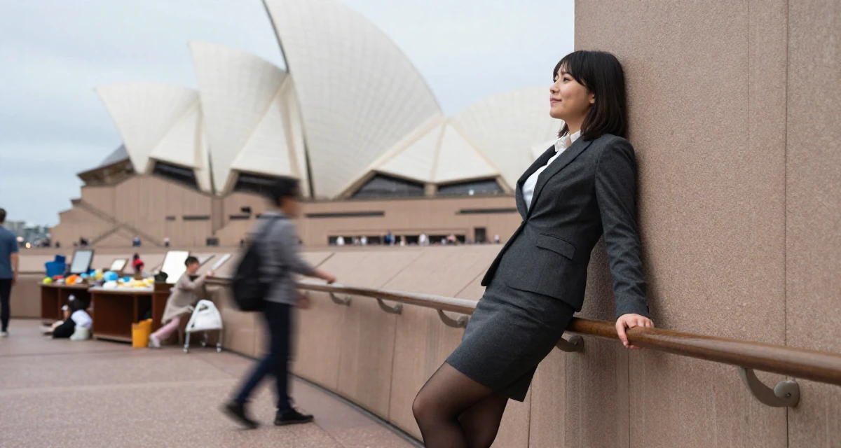 A quietly happy Female From Japan, studied nutrition and food science in their 22, romanticizing the struggle of city living, wearing a black stockings and a charcoal business suit skirt, grabbing a railing for support in a museum exhibit.