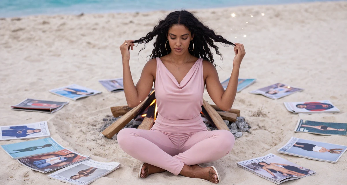 A composed Female From Bahamas, studied finance and banking in their 32, exploring sustainable fashion and ethical living, wearing a draped neckline top and fitted slacks, twirling a lock of hair in a campfire circle.