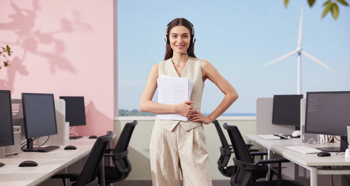 A grateful Female Once a call-center agent, now a confident camera-ready creator in their 20, discovering their first real sense of independence, wearing a sleeveless vest top and wide-leg linen pants, carrying a stack of documents in a office workspace.