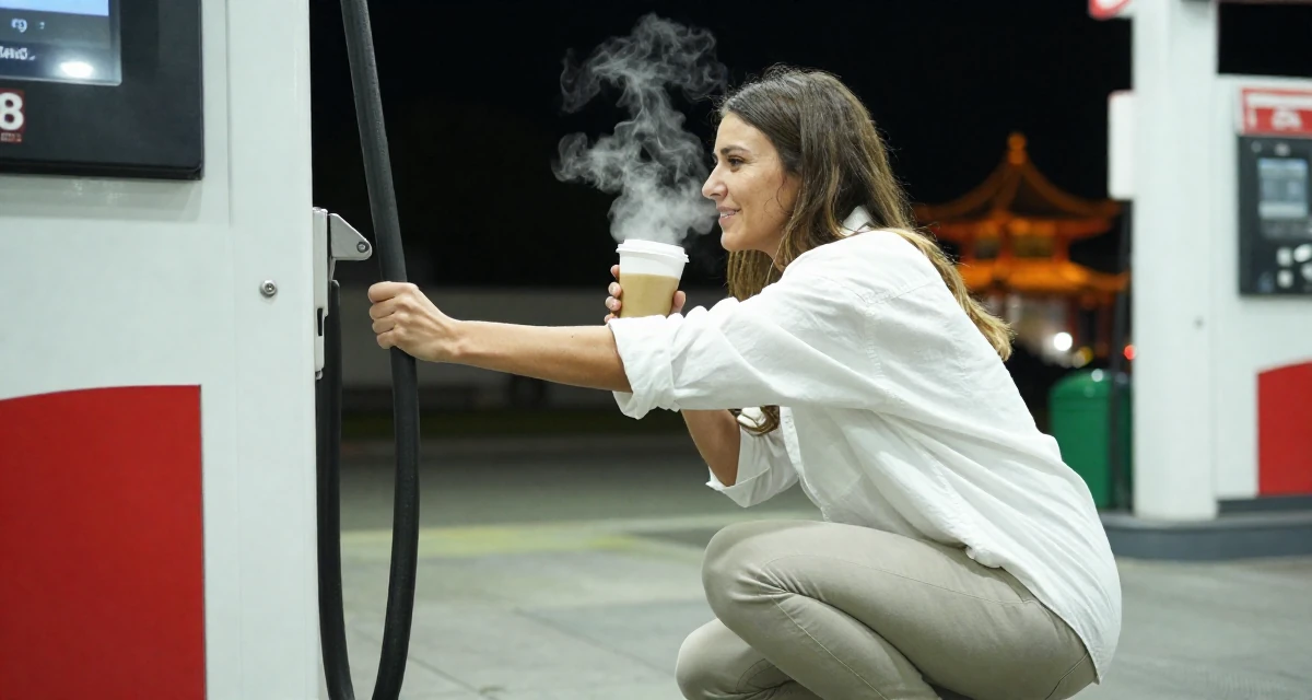 A grateful Female From Switzerland, studied finance and banking in their 25, feeling pressure from family about marriage, wearing a oversized white shirt with sleeves rolled up and slim trousers, pulling a door open in a gas station at night.