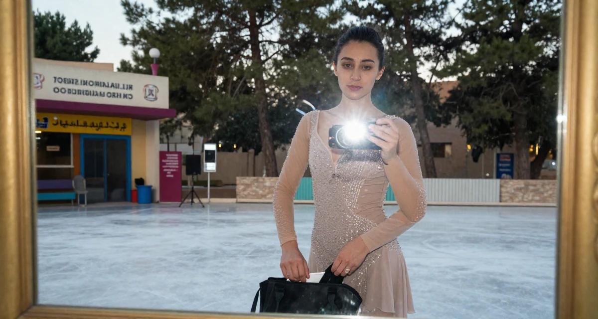 A nostalgic Female From Qatar, majored in media production and editing in their 25, letting go of the need to please everyone, wearing a ice skater sparkly dress with sheer sleeves, reaching into a bag in a concert hall.
