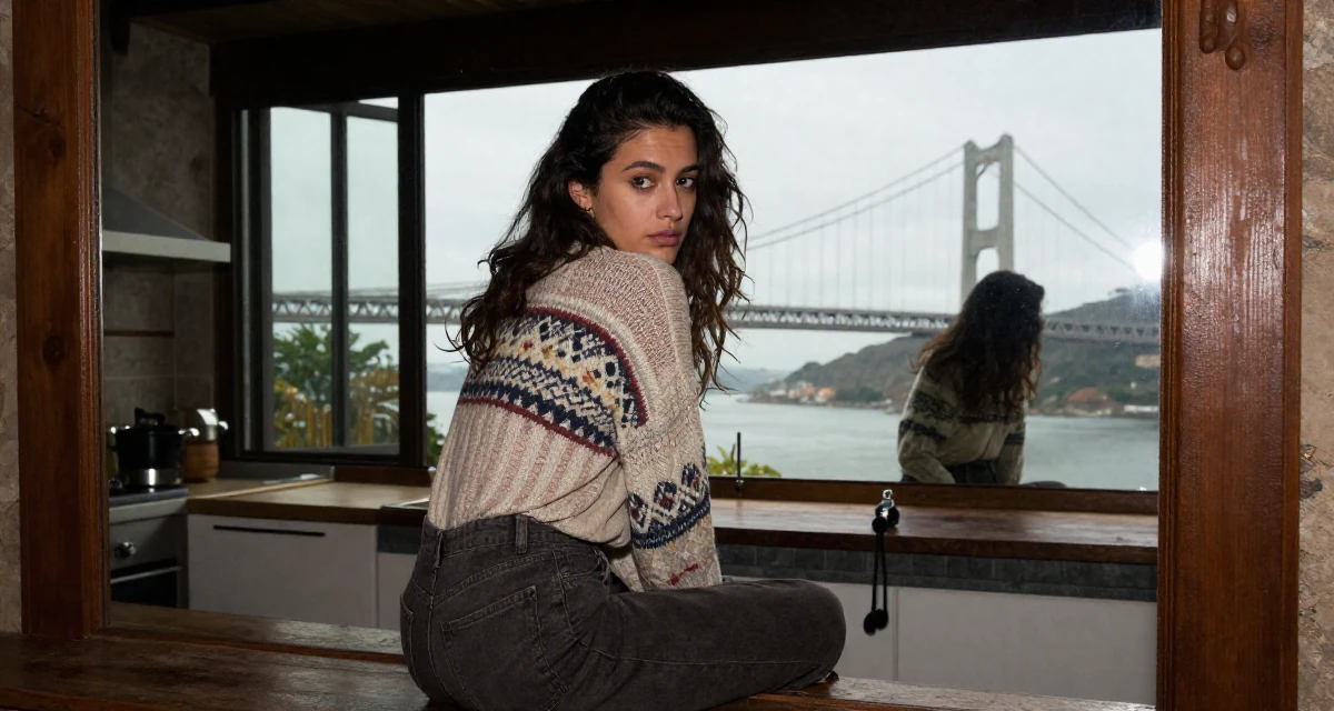 A mysterious Female From Brazil, studied fashion merchandising in their 21, feeling lonely despite being constantly online, wearing a vintage sweater and high-waist pants, glancing over the shoulder in a rustic kitchen.