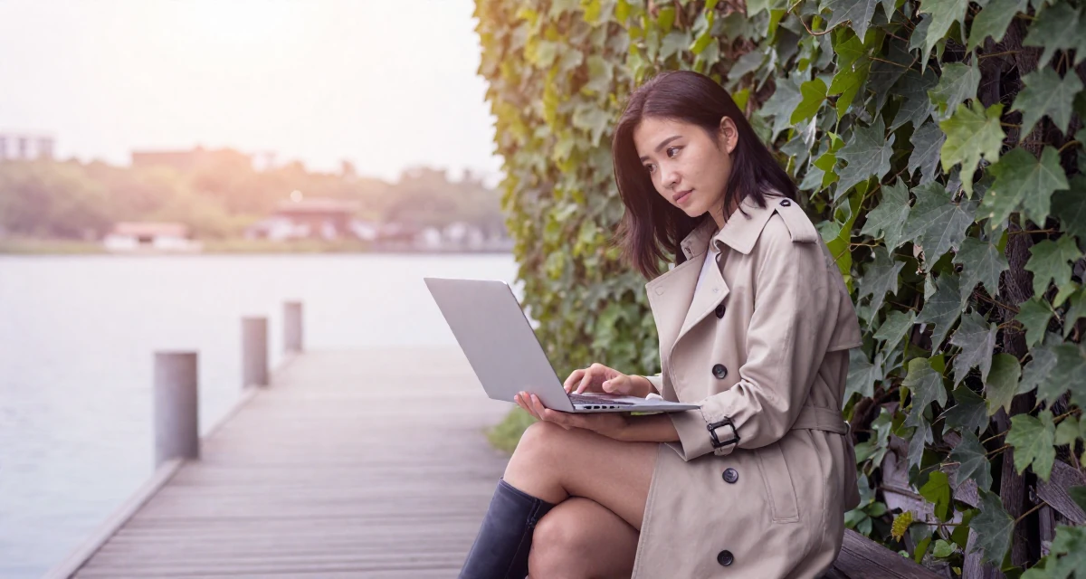 A curious and focused Female From Singapore, holds a degree in data science in their 44, building a second stream of passive income, wearing a timeless trench and boots, holding a laptop in a lakeside dock.