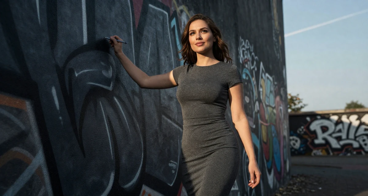 A charming Female From Rotterdam Netherlands, majored in logistics management in their 25, managing fluctuating confidence, wearing a sheath dress in charcoal grey that hugs the curves, holding a pen poised to write in a graffiti art wall.