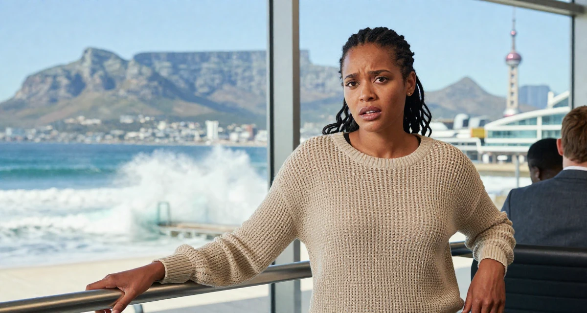 A anxious but excited Female From Cape Town South Africa, studied film editing in their 34, exuding quiet confidence and authority, wearing a loose open-knit sweater showing skin underneath, holding a railing in a airport departure lounge.