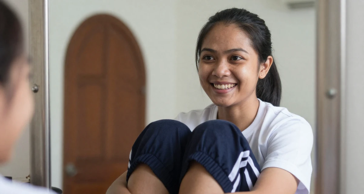 A joyful Female From Bandung Indonesia, studied journalism in their 48, sharing lessons learned from failure, wearing a school gym uniform with bloomers and a white t-shirt, glancing sideways in a vanity mirror.