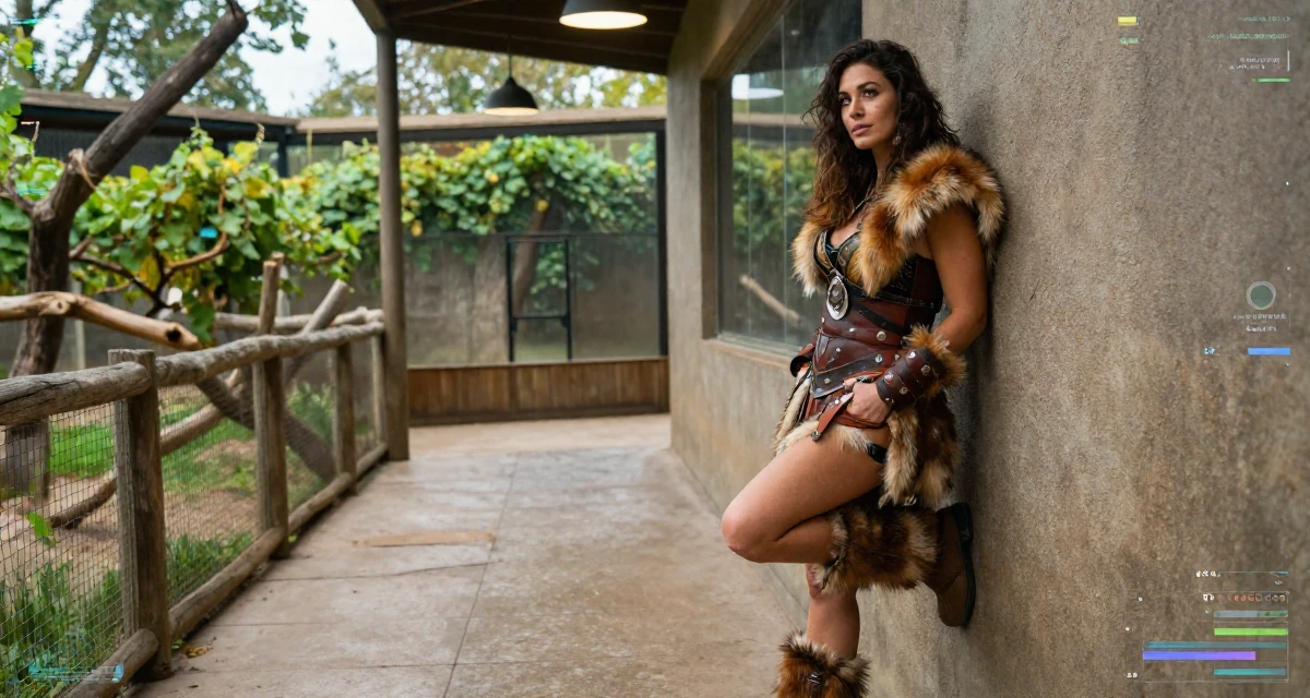 A carefree Female Once a biology lab intern, now crafting sensual science-themed content in their 32, managing long-distance relationship, wearing a barbarian warrior outfit with faux fur and leather, putting hands in pockets in a zoo enclosure path.