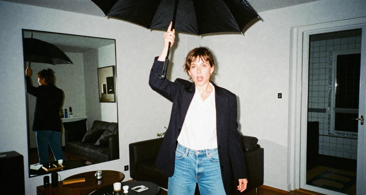 A fearless Female From Iceland, based in Hafnarfjörður, graduated from an arts academy majoring in intimate creative expression in their 23, recovering from early career burnout, wearing a business casual outfit with jeans and a blazer, shaking rain off an umbrella in a modern apartment living room.