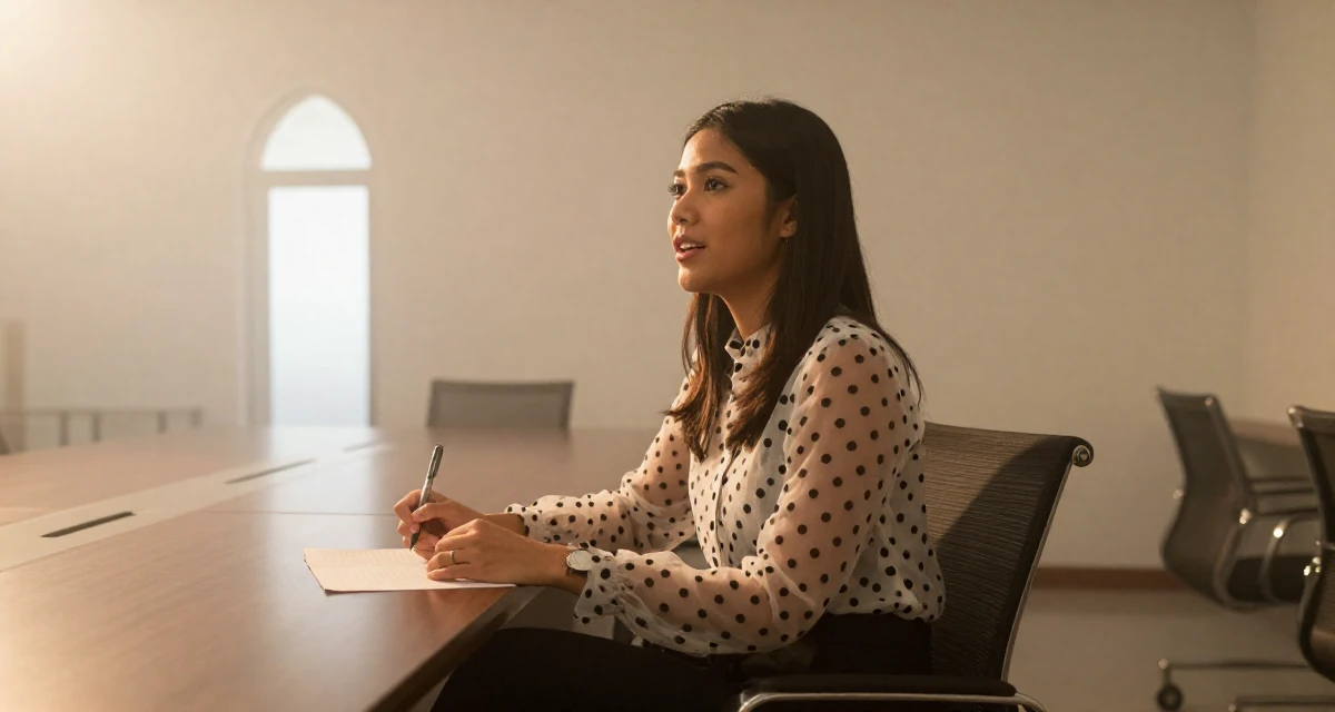 A spirited Female From Thailand, majored in tourism in their 26, feeling the shift from junior to mid-level expectations, wearing a sheer polka dot blouse and black trousers, holding a pen in a conference room.