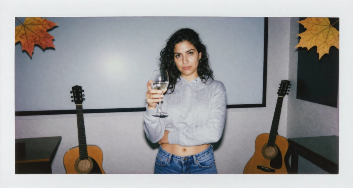 A unimpressed Female From Ecuador, based in Guayaquil, graduated from a private institute majoring in consumer psychology in their 47, expert in navigating difficult conversations, wearing a cropped hoodie showing midriff and low-rise jeans, holding a wine glass by the stem in a classroom setting.