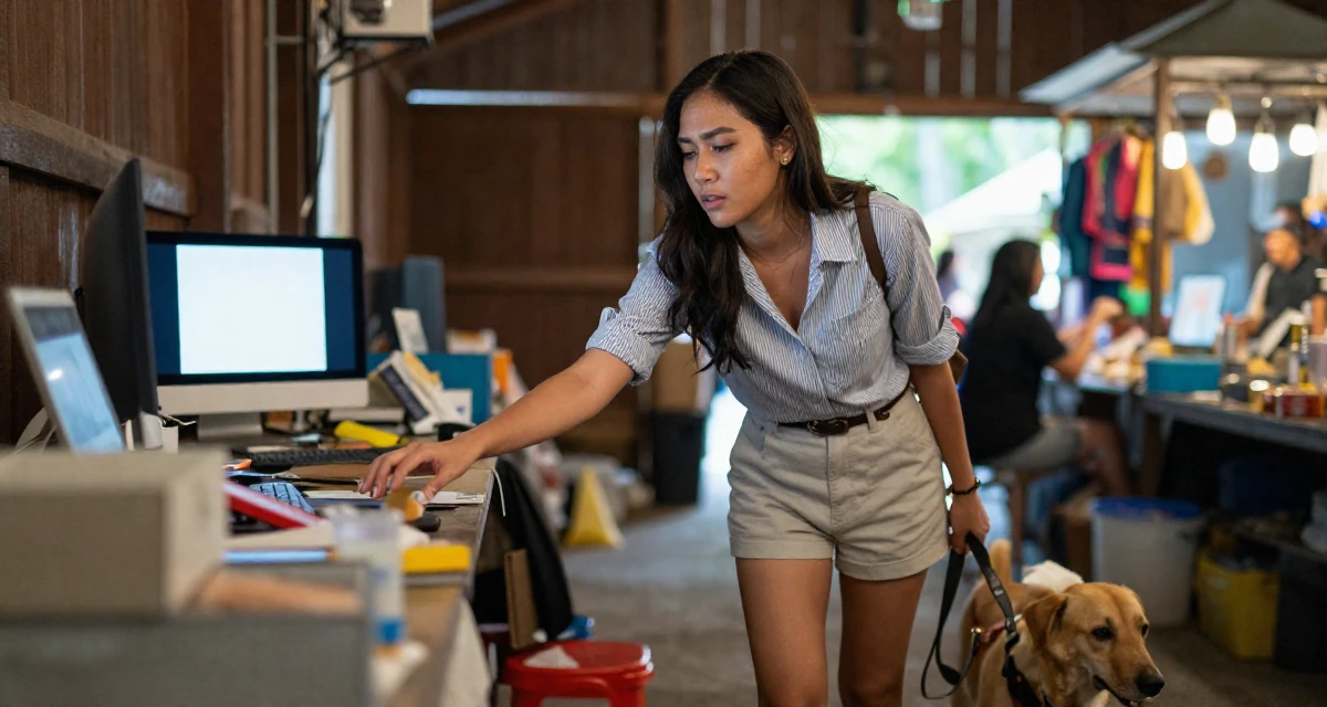 A exhausted Female From Thailand, majored in entertainment business in their 22, managing new financial responsibilities, wearing a refined casual Friday look, walking a dog (leash visible) in a barn interior.