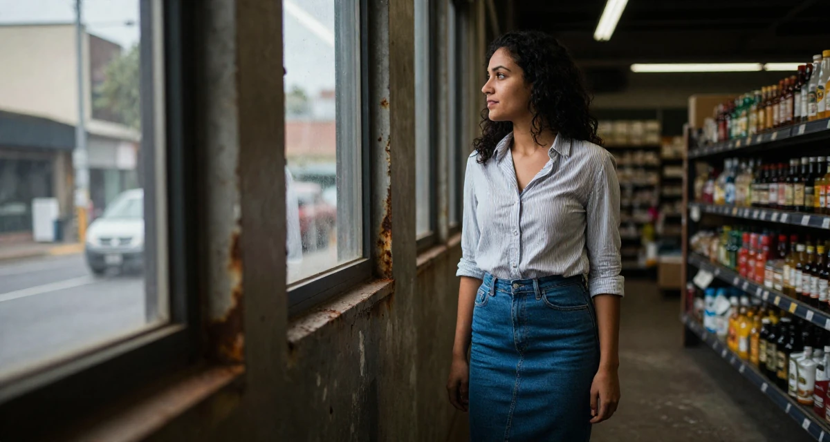 A unbothered Female From Australia, has a degree in environmental science in their 23, building first professional networks, wearing a striped button-down shirt tucked into a denim pencil skirt, looking out the window in a supermarket aisle.