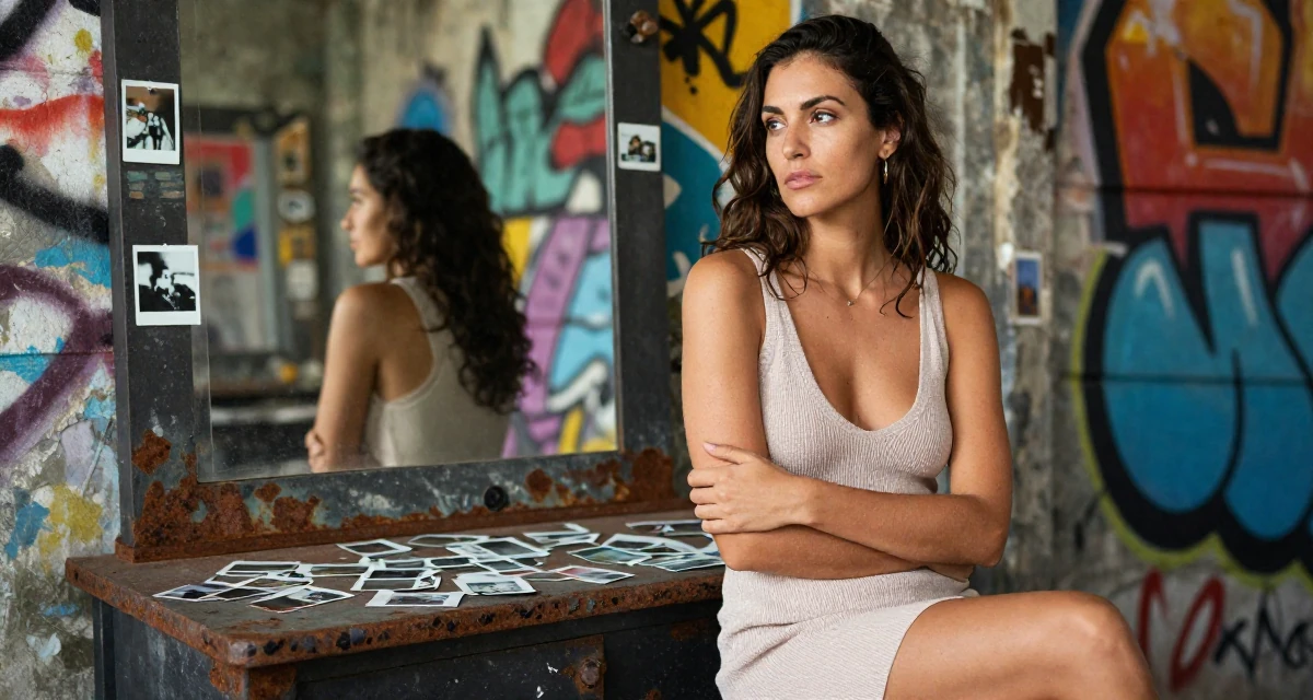 A longing Female Once a swim camp counselor, now leaning into beach-centered creator storytelling in their 32, managing high-stakes projects with calm, wearing a soft knit dress with a plunging neckline, crossing arms confidently in a vanity mirror.