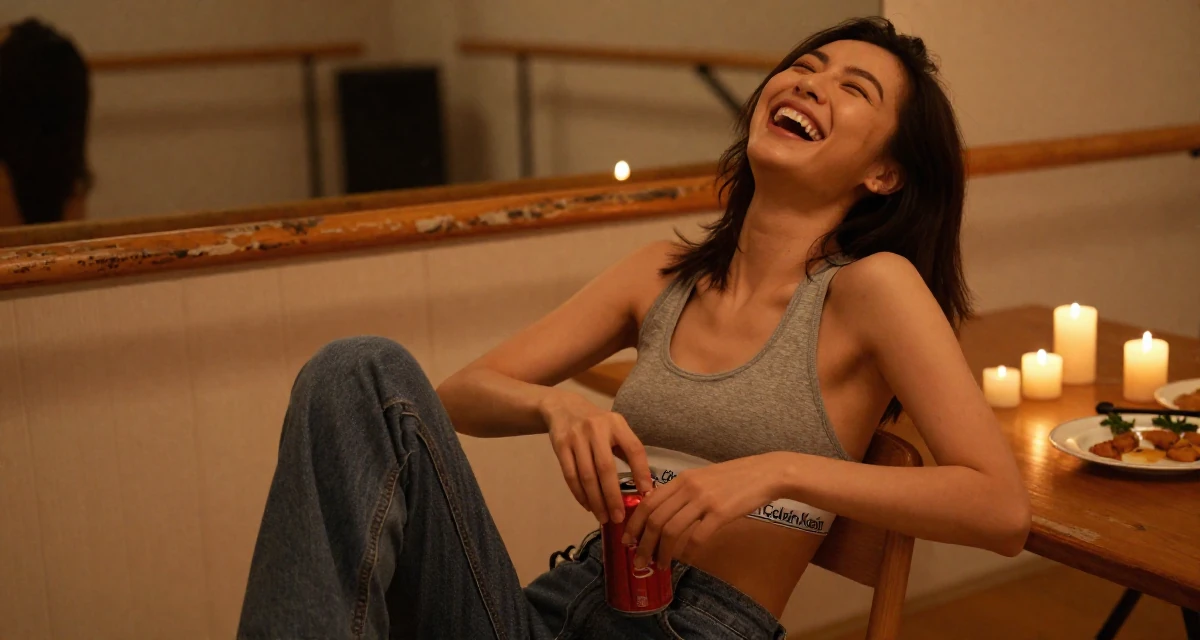 A wistful Female From Kaohsiung Taiwan, started modeling while studying visual design in their 21, laughing openly with head thrown back, wearing a classic calvin klein style sports bra and jeans, opening a soda can in a ballet studio.