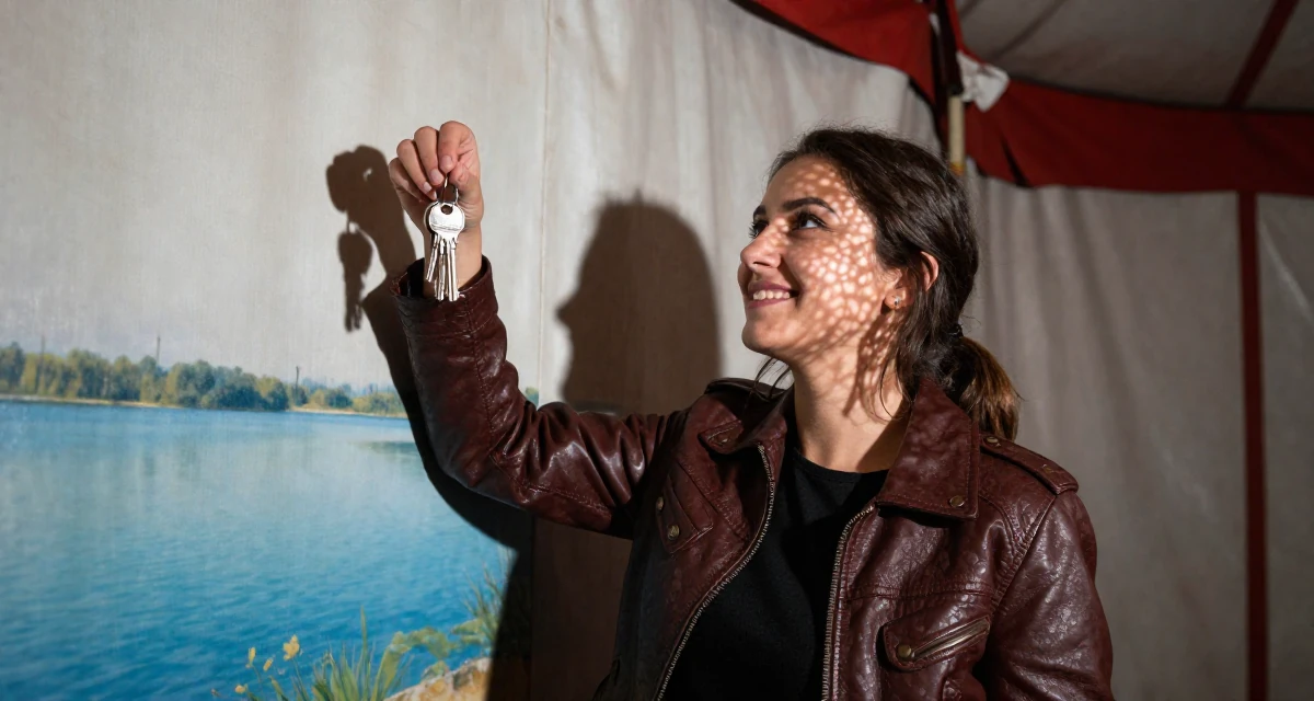 A hopeful Female From Armenia, studied sociology in their 25, experimenting with outfit themes and props, wearing a vintage-inspired leather jacket look, holding a set of keys in a circus tent interior.