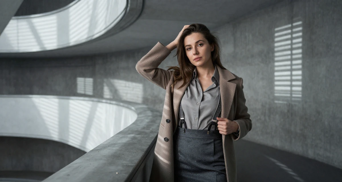 A gently serious Female Raised in Kazakhstan, majored in global business in their 44, expert in negotiation and communication skills, wearing a high-waisted skirt with suspenders and a shirt, unbuttoning a coat in a opera house balcony.