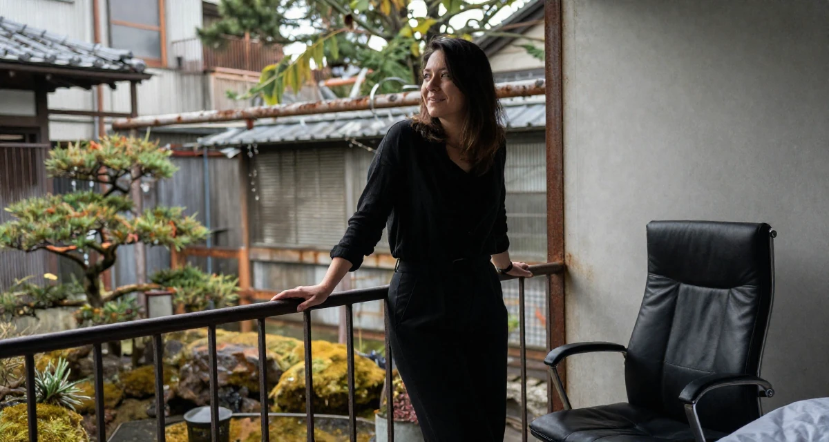 A hopeful Female From Vancouver Canada, majored in fine arts in their 23, comparing their career progress to peers online, wearing a monochromatic black outfit, leaning on a railing in a minimalist bedroom.